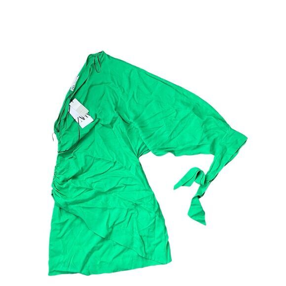 B6 Zara Women's Ruched Mini Dress Green Size Medium - Picture 2 of 4